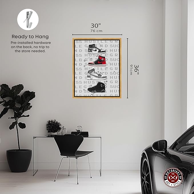Hype Sneakers Framed Sneaker 1 Piece Canvas Wall Art, 31.5" x 37.5", Gold Frame