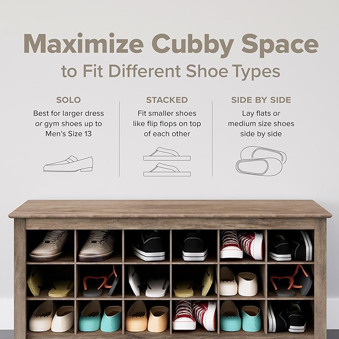 Prepac Gray Shoe Cabinet, Entryway Bench, Mud Room Organization and Storage Bench with 18 Shoe Cubbies 16"D x 48"W x 24"H