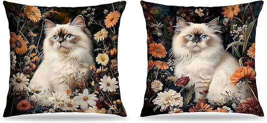 William Morris Inspired-Floral Siamese Cat Pillow Covers 18x18 Set of 2,Siamese Cat Gifts for Women,Dark Cottagecore Botanical Kitty Kitten Decorative Pillow Covers for Home Living Room Bedroom