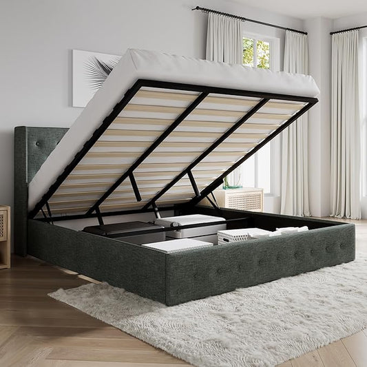 SHA CERLIN King Size Lift Up Storage Bed Frame,Button Tufted Wingback Headboard,Upholstered Platform,Hydraulic Storage,Wooden Slat Support,No Box Spring,Dark Grey