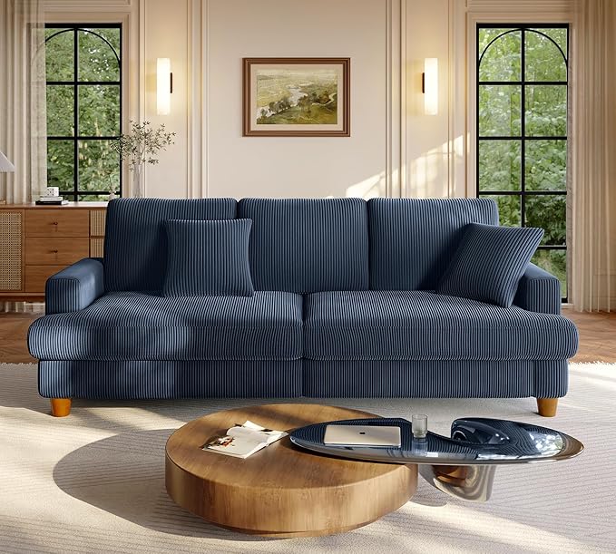 Welzona 87.2" Couches for Living Room, Comfy Blue Couch 7.5" Extra Thick Cushion, Sofas for Living Room Tool-Free Setup, Loveseat Sofa 848lbs Support, Corduroy Couch for Bedroom, Apartment, Office