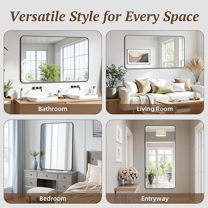 Bathroom Mirrors for Over Sink 36" x 36", Black Metal Frame Rounded Corner Rectangle Wall Mirror, Modern Farmhouse Vanity Mirror(Horizontal/Vertical)