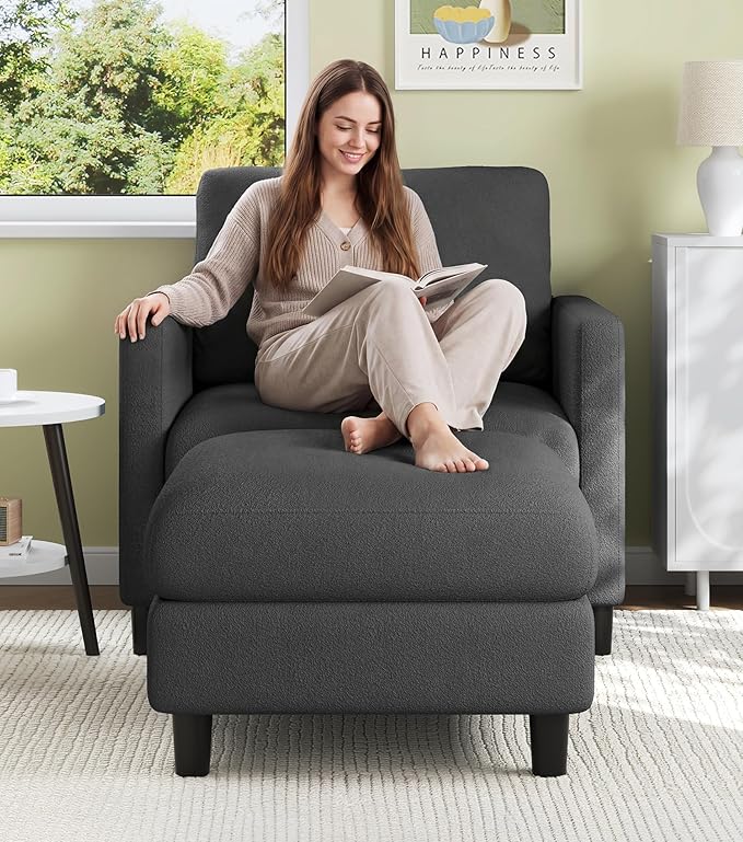 Welzona Sofa Accent Chair with Ottoman, 33" Reading Chair and Ottoman Set for Bedroom, Tool-Free Setup Living Room Accent Chairs, Comfy Arm Chairs Living Room, All-Wood Reading Nook, Grey