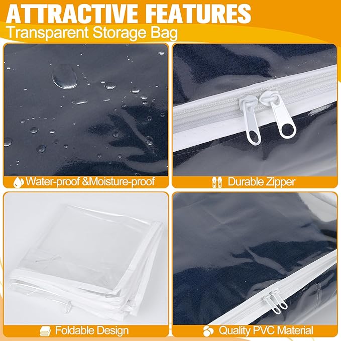 Plastic Storage Bags with Easy-Glide Zipper, Pack of 8, Durable Clear Vinyl Zippered Storage Bags for Clothes Sweaters Comforters Blankets Sheets Bedding (15.7 x 13.8 x 2.5 Inch)