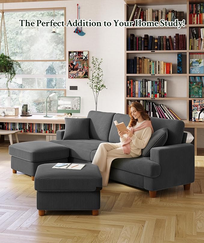 Welzona 25.2" Couches for Living Room, Comfy Grey Ottoman with Storage, Foot Rest Tool-Free Setup, Small Ottoman Foot Rest for Couch, Corduroy Couch for Bedroom, Apartment, Office