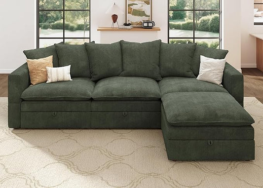 HONBAY Modular Sectional Sofa, 105.5 Inch Corduroy Sectional Couch, 4 Seaters L Shaped Sofa with Storage & Pillows for Living Room, Green