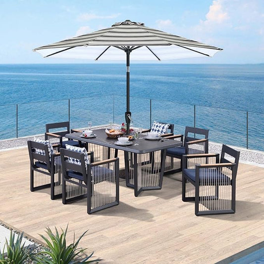 ABCCANOPY 10FT Patio Umbrella, Outdoor Waterproof Table Umbrella with Push Button Tilt and Crank, 8 Ribs UV Protection Pool Umbrella for Garden, Lawn, Deck & Backyard(Dark Blue Stripes)
