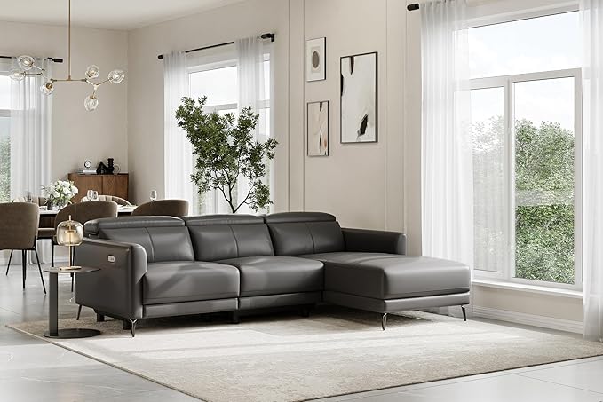 Valencia Andria 99.5" Leather Sectional Couch, Power Recliner with Right Chaise for Living Room - Cloudy Grey