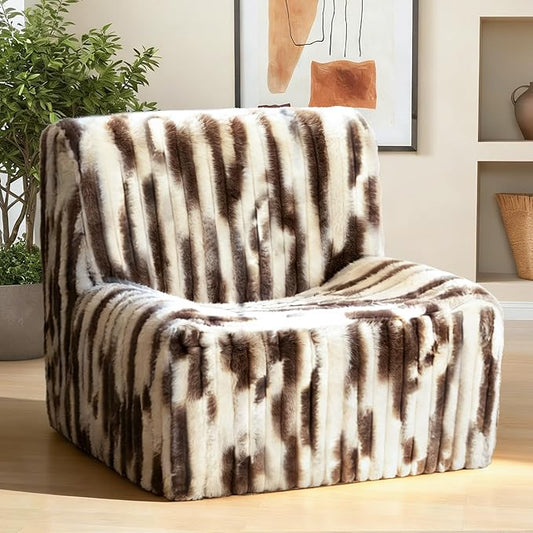 Trenda 32'' Comfy Bedroom Chair for Adult, Boneless Space-Saving Accent Chairs with with Spacious Seating, Soft Faux Fur, Ideal Floor Couch for Living Room,College, Dorm to Reading (White& Brown)