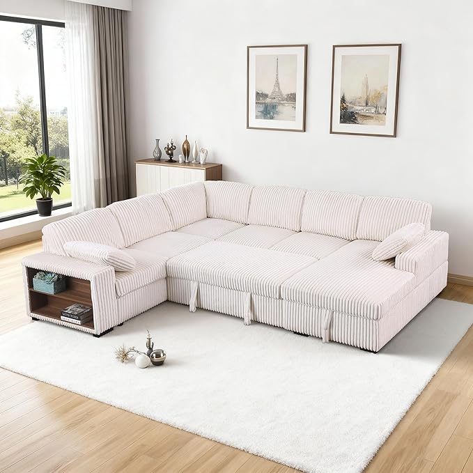 ERYE 117-Inch Oversized U-Shaped Pull Out Sleeper Couch Bed, Modern U Shaped Sleeper Sectional Sofa Corner Convertible Sofa Bed with Storage Chaise and Cabinet for Living Room