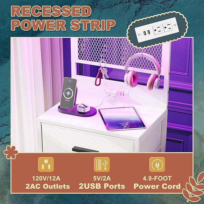 Nightstand 4 Drawer Dresser with LED Lights, Charging Station, Mesh Shelf with Hooks, Vertical Side Table with Fabric Drawers, End Table, Tall Dresser for Bedroom, Hallway, Entryway, White