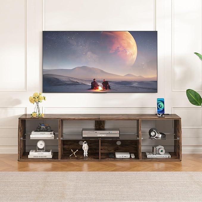 VECELO LED TV Stand for 55 inch, Entertainment Center with Power Outlets, Industrial Television Cabinet with 7 Open Storage Shelves, for Living Room and Bedroom, Retro Brown, 55inch