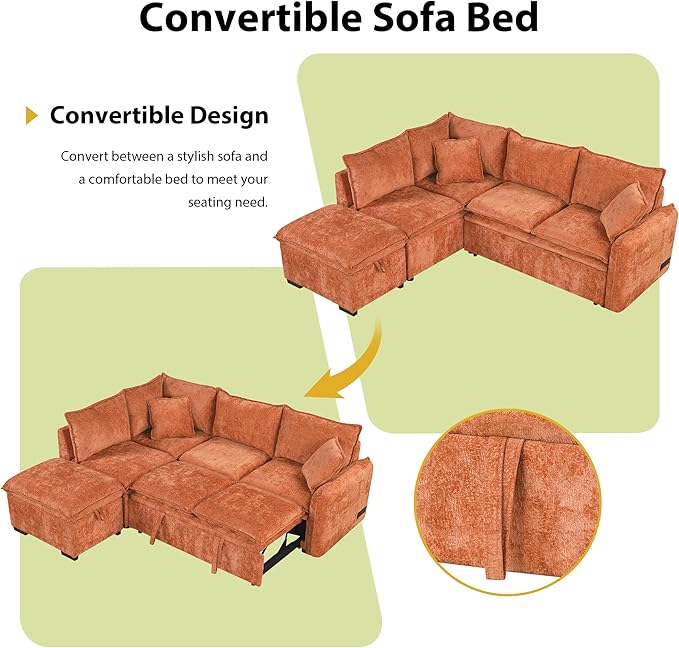 ERYE 82.5-Inch Left Facing Corner Sleeper Sectional Sofa Bed for Living Room Office,L-Shaped Chenille Upholstered Convertible Pull Out Sleeper Couch Bed W/Storage Ottoman | USB-C Ports
