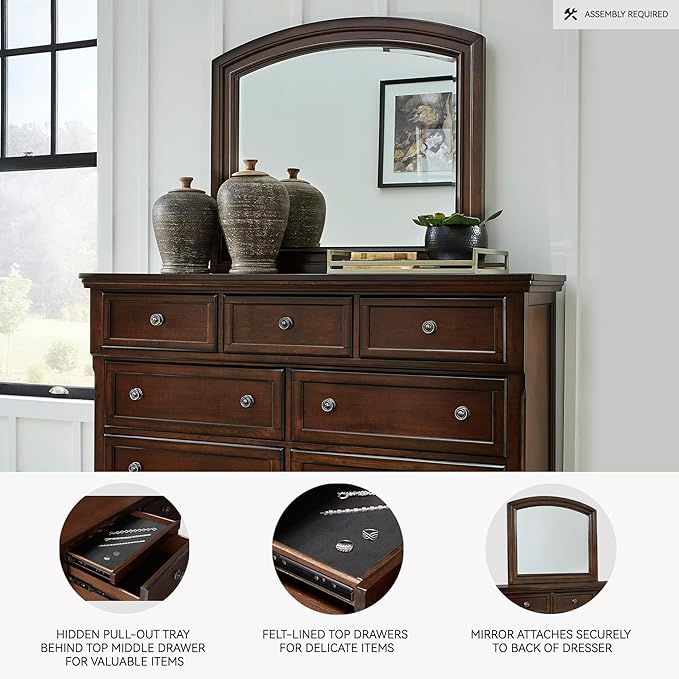 Signature Design by Ashley Porter Traditional Smooth-Gliding 7-Drawer Dresser and Mirror with Safety Stop, Felt-Lined Top Drawers and Pull-Out Tray, Dark Brown