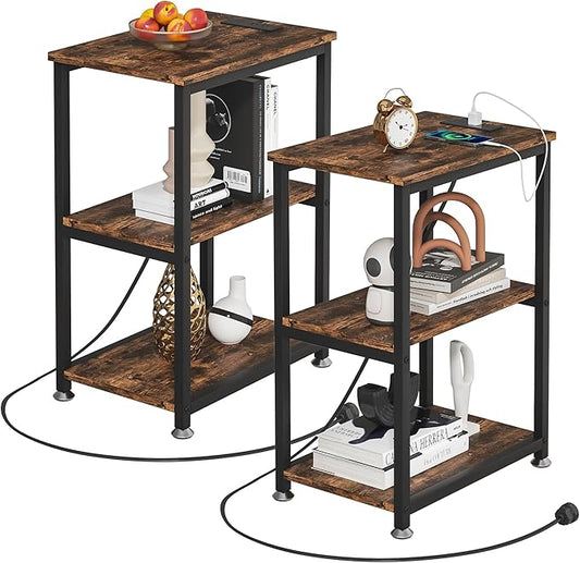 VECELO Tall End Table with Charging Station, Side Table with USB Ports and Outlets, 30" Height Nightstand with 3-Tier Storage Shelf for Living Room Bedroom Office Hallway Study