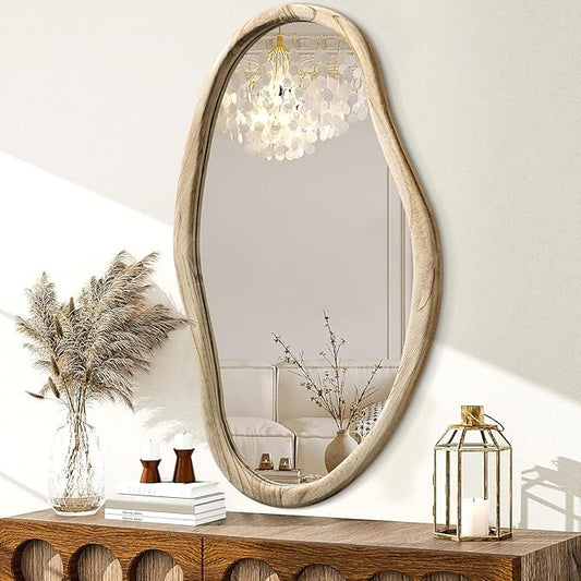 JJUUYOU Irregular Wood Mirror Asymmetrical Bathroom Wall Mounted Mirror 36"x24" Large Horizontal or Vertical Hanging Wall Mirrors for Makeup Bedroom Living Room Wood