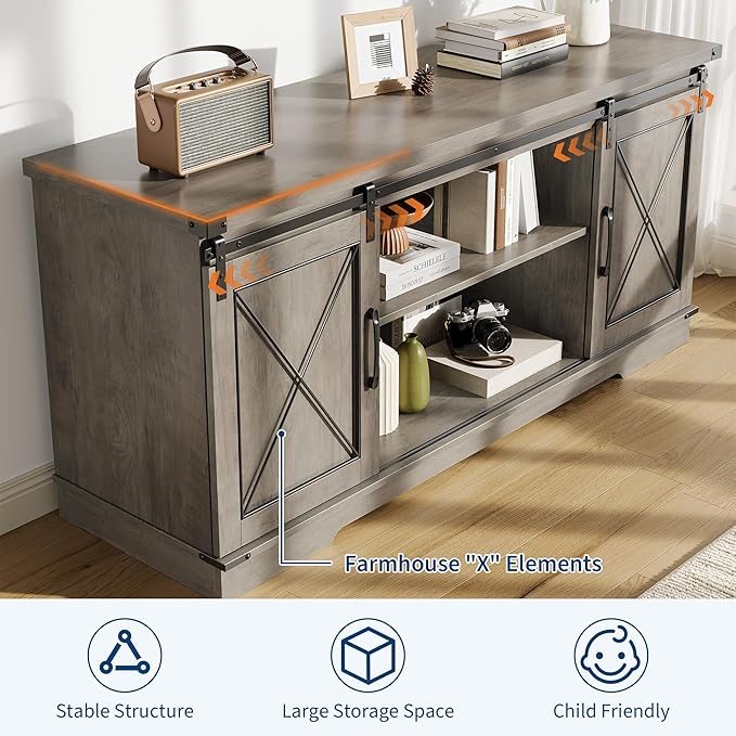 GarveeHome Farmhouse TV Stand for TV up to 65 in and Entertainment Center with Sliding Barn Doors and Adjustable Shelf, Tv Media Console Table with Storage Cabinet for Living Room, Bedroom, Grey
