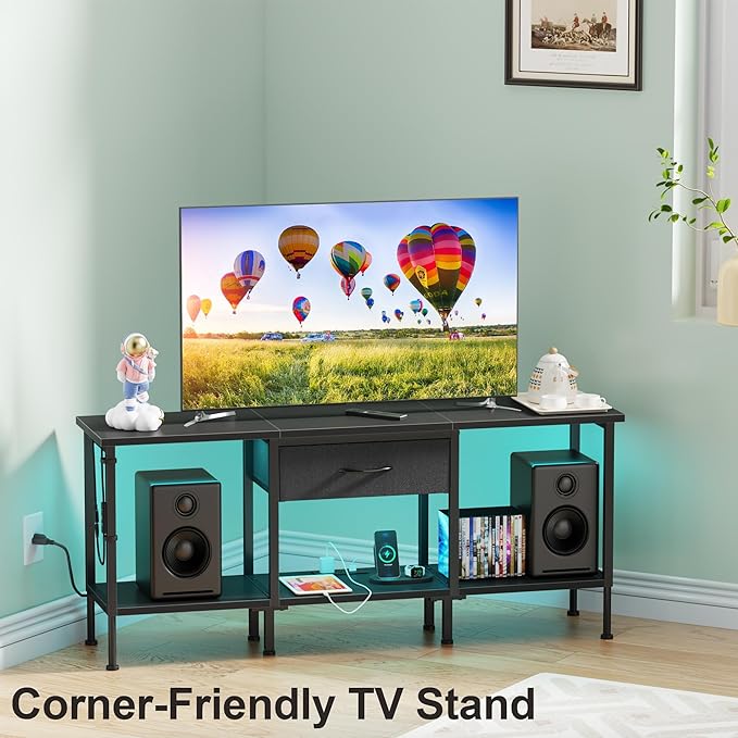 GYIIYUO LED TV Stand with Power Outlet and Fabric Drawer for 55 50 45 Inches TV - Entertainment Center and Industrial TV Console Table for Living Room, Bedroom- 47" Black