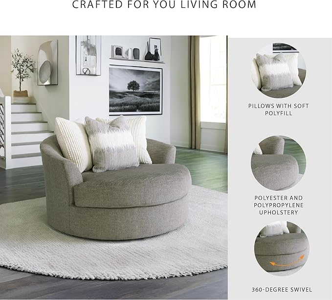 Signature Design by Ashley Creswell Transitional Round Upholstered Oversized Swivel Accent Chair, Gray