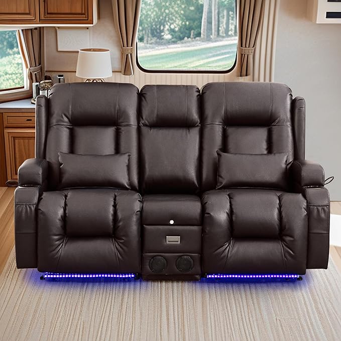 TUNYI Wall Hugger Loveseat Recliner Sofa with Console, Power Reclining Loveseat RV Couch with Massage & Heat/USB/Outlet/Storage/LED Light/Speaker (Espresso)