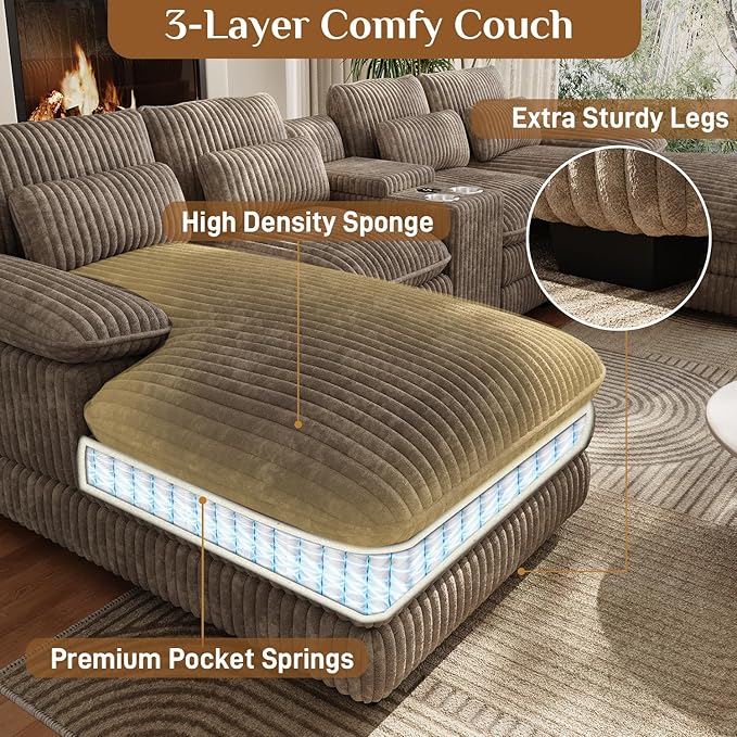 133" Oversized U Shaped Cloud Couch Modular Sectional Couches for Living Room Comfy Corduroy Deep Seat Sofa Set with Double Chaise Lounge, Storage Central Console, Cup Holders, USB Port, Brown