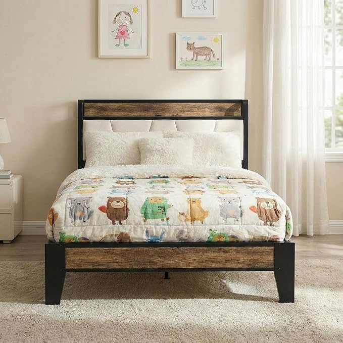 LIKIMIO Twin Bed Frames, Storage Headboard with Charging Station, Solid and Stable, Noise Free, No Box Spring Needed, Easy Assembly (Walnut and Beige)