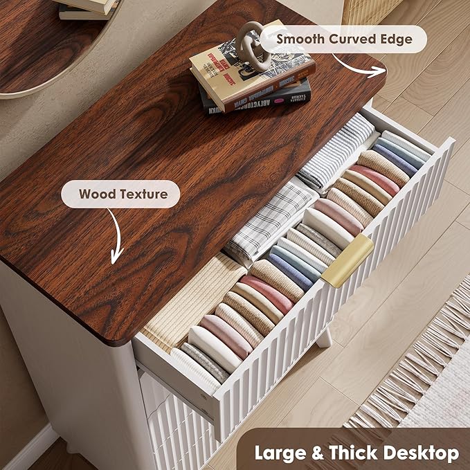 Garvee 5 Drawers Dresser for Bedroom, 47.2" Tall Dressers with Curved Profile Design, Fluted Wood Drawers with Gold Handle, Modern Chest of Dressers with Thickened Design for Living Room, White