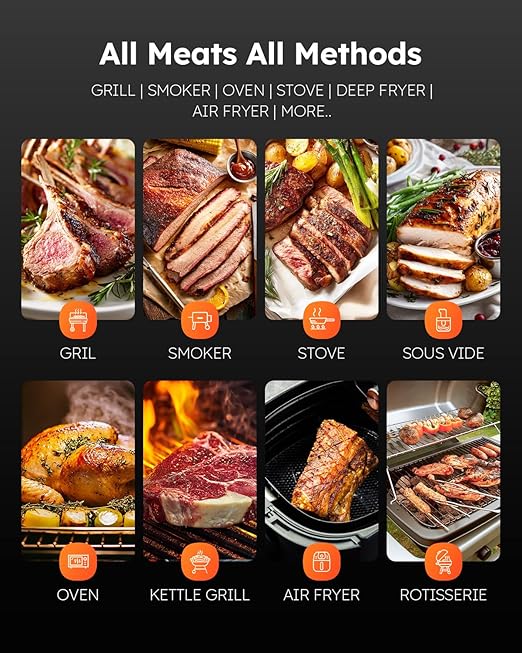 Smart Bluetooth Wireless Meat Thermometer, Standalone Base & APP Control, 6 Sensors with Certified Accuracy, Smart Alerts for Kitchen, BBQ, Grill, Smoker, Oven, Rotisserie, Air Fryer