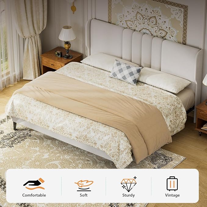 GTPLAYER King Size Bed Frame, Upholstered Platform Bed Frame with USB Type-C Tall Headboard Wingback, Soft Velvet Fabric, No Box Spring Needed, Easy Assembly, Cream