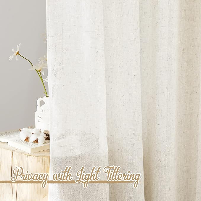 NICETOWN Linen Curtains for Windows 90 inch Long 2 Panels, Rod Pocket & Back Tab Semi Sheer Linen Blend Window Treatments Privacy with Light Filtering for Bedroom/Living Room, Natural, W52 x L90