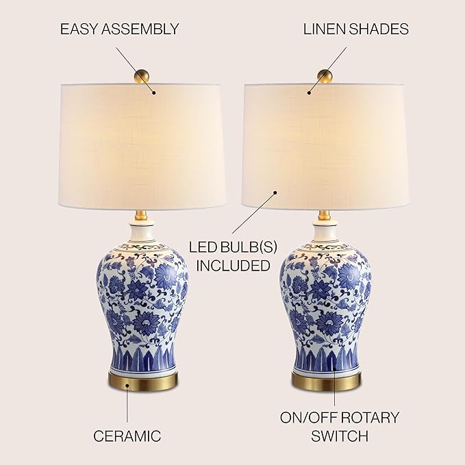 JONATHAN Y 25.75" Blue and White Ceramic Ginger Jar LED Table Lamp Set of 2, Traditional Brass Gold Base for Bedroom Living Room, White Linen Shade, LED Bulbs Included JYL1073A-SET2
