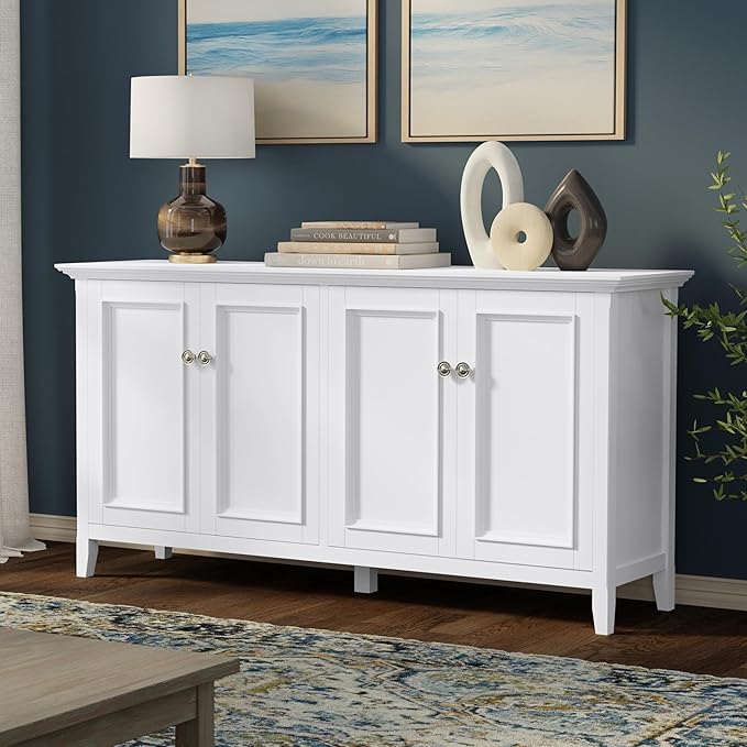 SIMPLIHOME Amherst Storage Cabinet - 66 inch Wide Solid Wood 4-Shelf Sideboard Cabinet in White, Transitional Buffet for Living Room or Dining Room with 4 Doors and Adjustable Shelves