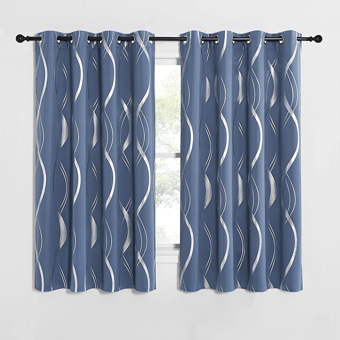 NICETOWN Bedroom Blackout Curtains Panels - Window Treatment Thermal Insulated Solid Grommet Blackout Wave Line Foil Print Design Curtains for Living Room (Stone Blue, Set of 2, 52 by 63 Inch)