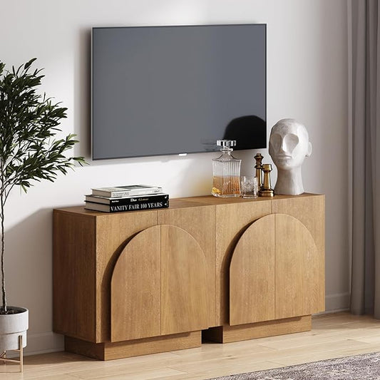 Nathan James Iris Mid-Century Modern Wood Accent Cabinet Sideboard Credenza TV Stand with Arched Cabinet Doors and Adjustable Shelves for Kitchen or Living Room, Set of 2