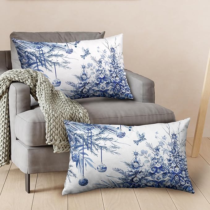 Blue Christmas Lumbar Pillow Covers 12x20 Set of 2 Christmas Xmas Tree Bird Ball Decorative Outdoor Throw Pillow Cases Winter Farmhouse Rectangle Pillowcase for Home Couch Sofa