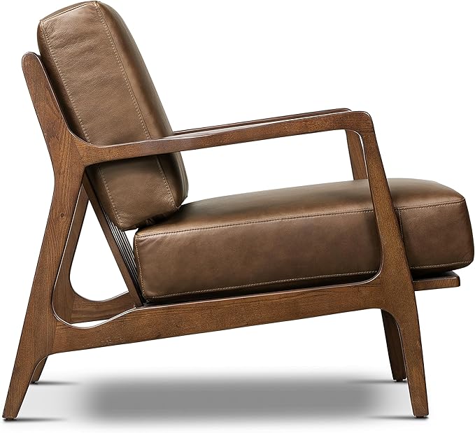 Poly & BARK Verity Leather Accent Chair – Armchair with Walnut Wood Frame – Fashion-Forward Lounge Seating for Living Room – Upholstered in Cocoa Brown Leather for Modern Style