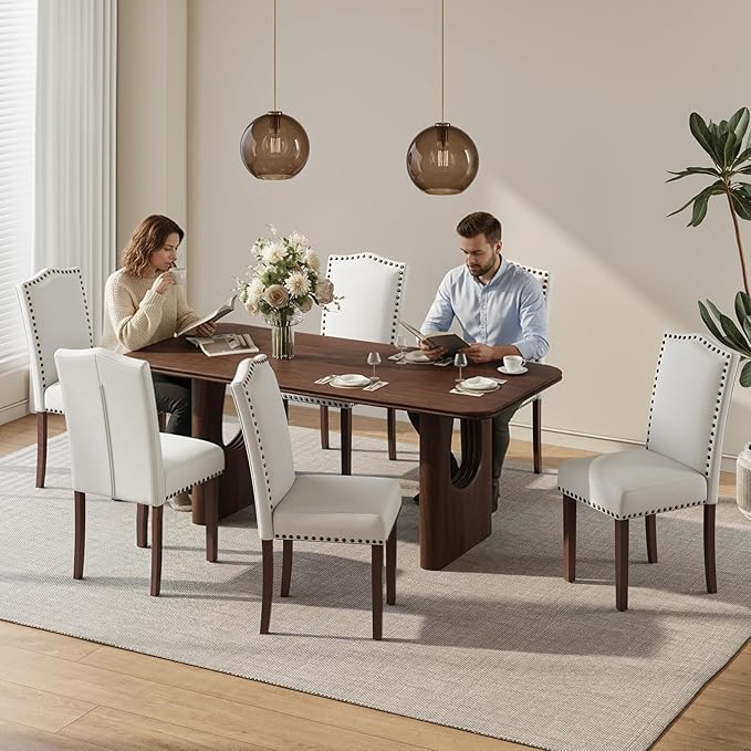 Dining Chairs Set of 4, Soft Comfortable Upholstered Parsons Chairs with High-Density Cushion & Solid Wood Legs, Classic Nailhead Trim for Dining Room, Kitchen, Living Room – Beige