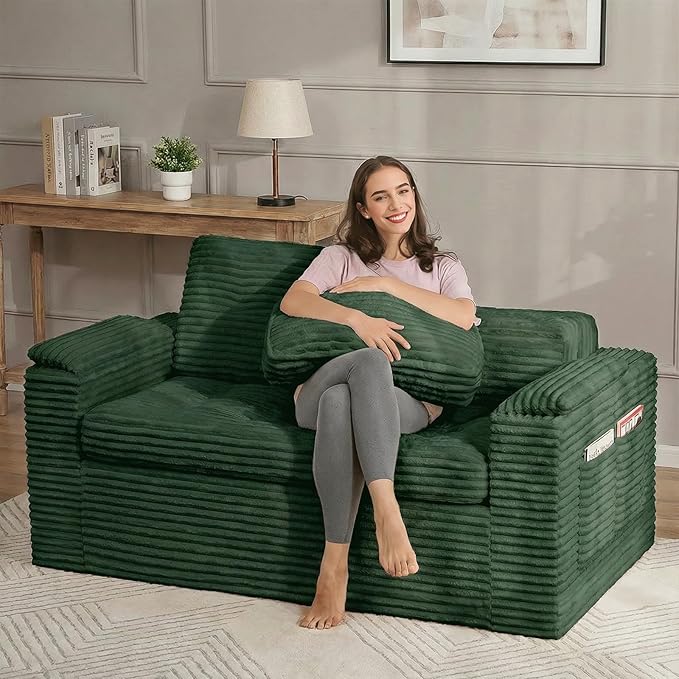 60in Loveseat Sofa, Boneless Cloud Couch Sofa for Living Room 2 Seater Modern Lounge Sleeper Couch with Removable Cover Corduroy with Armrest, Seat Cushion & Pillows for Small Spaces, Green