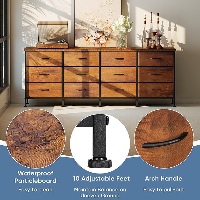 DUMOS TV Stand for Bedroom with Storage TV Stands for Living Room Rustic, 12 Drawer Dresser Farmhouse Entertainment Center for up to 80 Inch TVs, Media Console Table with Metal Frame Adjustable Feet