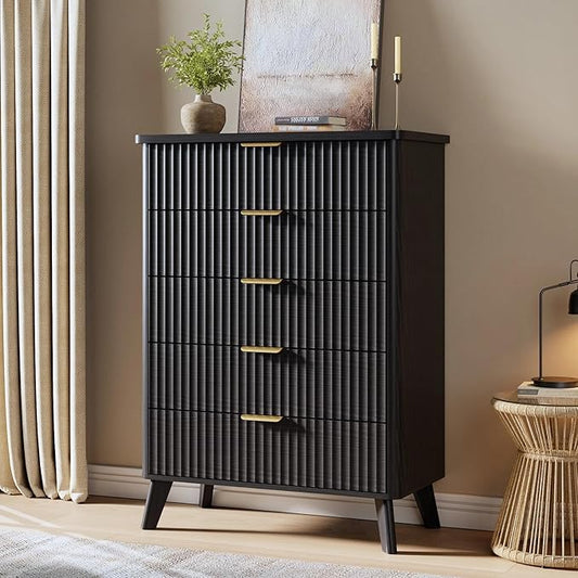 Garvee 5 Drawers Dresser for Bedroom, 47.2" Tall Dressers with Curved Profile Design, Fluted Wood Drawers with Gold Handle, Modern Chest of Dressers with Thickened Design for Living Room, Black