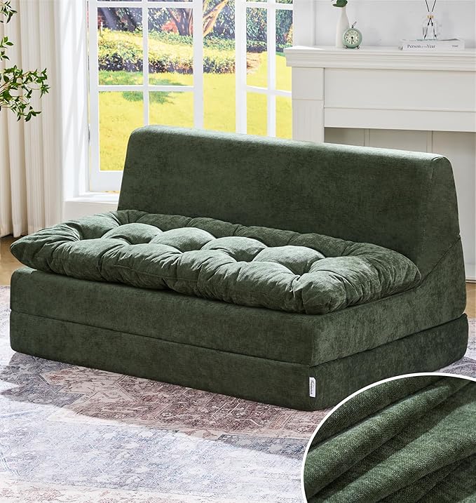 Hobestluk Sofa Couch Folding Sofa Bed Sleeper Comfy Floor Lounger Loveseat Sofa with Removable Cushion Couches Foldable Mattress for Living Room Bedroom or Office (Chenille Green, Oversize)