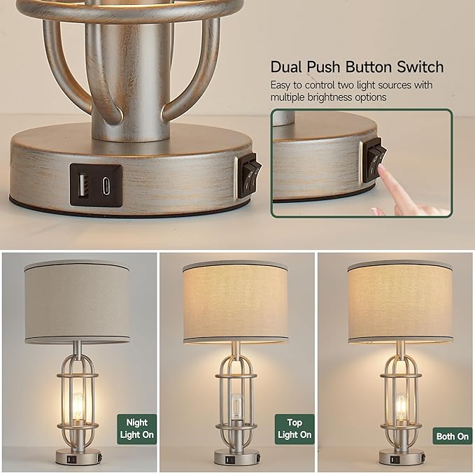 Table Lamps for Living Room Set of 2, 22.3" Farmhouse Lamps for Nightstand, Industrial Table Lamps for Bedroom with USB Ports, Bulbs Included