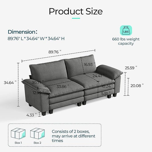 LINSY HOME 90'' Cloud Loveseat Sofa, Modular Sectional Couches Corduroy Cloud Couch Soft Modern Comfy Love Seat Sofa Set for Living Room Apartment Office, Grey