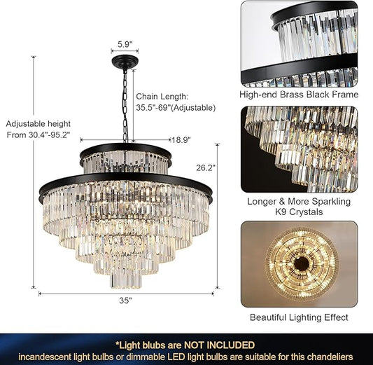 35" Large Black Crystals Chandelier 6-Tier Modern Crystal Chandeliers for High Ceiling Foyer K9 Crystal Chandelier with Adjustable Chain for Staircase Living Room Entryway Kitchen Master Bedroom