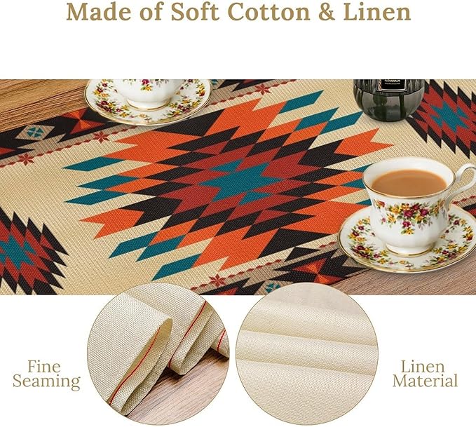 Aztec Southwest Retro Table Runner Vintage Geometry Triditional Ethnic Style Garden Farmhouse Dining Table Decoration for Living Room Kitchen 13x120in