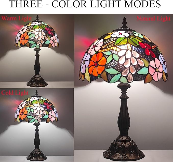 Tiffany 3-Color Stained Glass Lamp - Vintage Beside Reading Lamp, 12 inch Living Room Light, Flowers Style Antique Nightstand Light (Grapes Flowers)