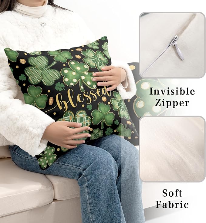 Set of 2 St. Patrick's Day Throw Pillow Covers Buffalo Plaid Dot Shamrock Pillow Covers 16x16 Lucky Blessed Pillow Cases for Spring March Holiday Saint Patricks Day Decor