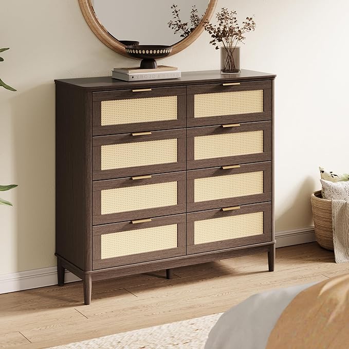 LINSY Rattan 8 Drawer Dresser for Bedroom, 47" Wide Mid-Century Modern Tall Chest of Drawers, Deep Storage Dresser with Curved Corner Design, Large Accent Wood Cabinet for Bedroom, Walnut