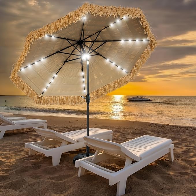 9 ft Solar Tiki Umbrella with 32 LED Lights, Tropical Vibes Thatched Umbrella Outdoor Patio with 8 Ribs, Tilt Adjustment, Manual Crank, UPF 50+ for Pool, Patio, Beach, Backyard,Garden