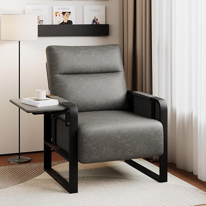 Upholstered Living Room Chair Armchair, Mid Century Faux Leather Metal Accent Chair, Reception Couch Office Guest Chair Slipper Club Lounge Single Sofa with Sidetable for Bedroom-Grey
